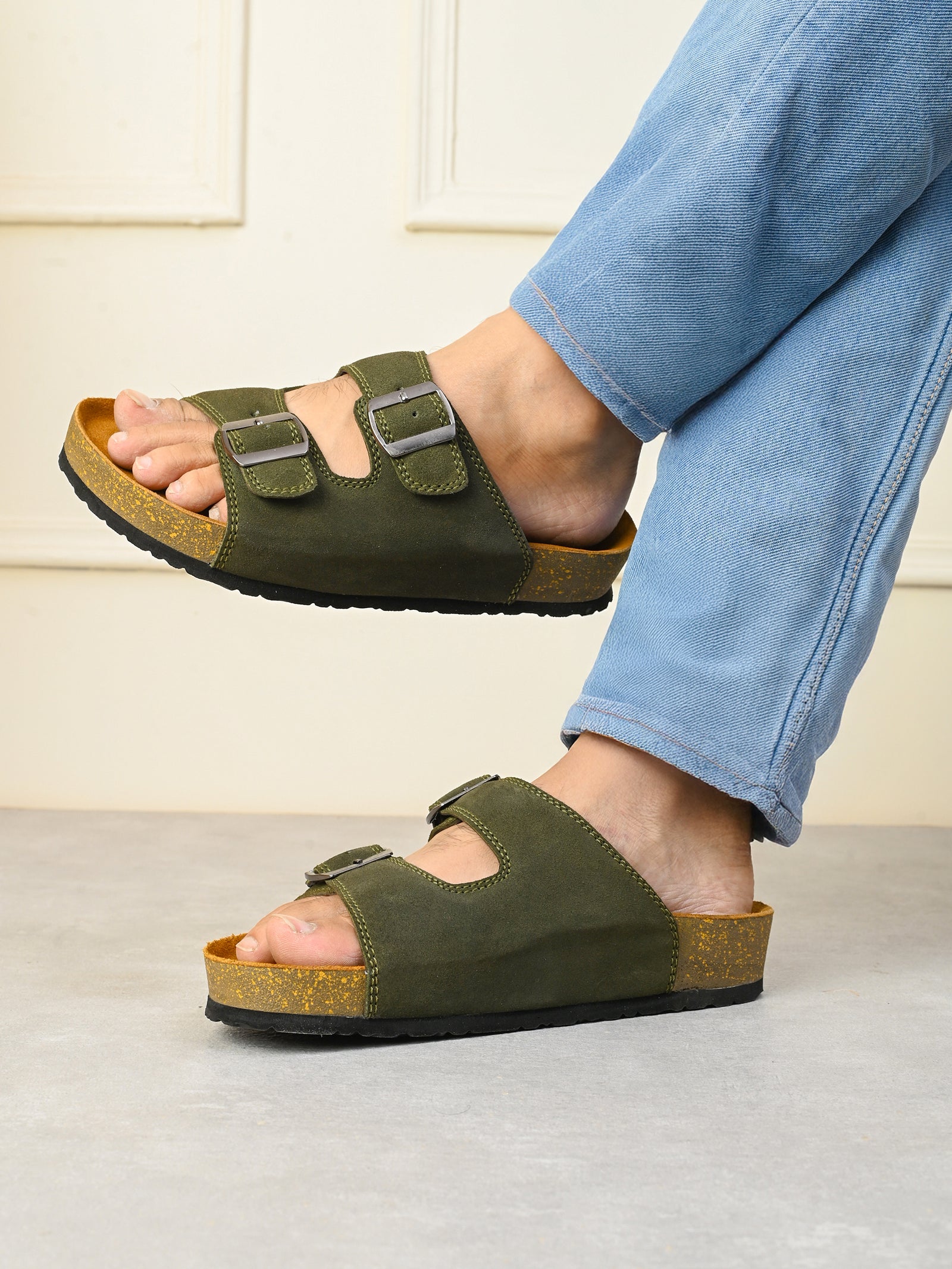 Bizora Suede Leather Sandals – Double Buckle Design with PU Sole