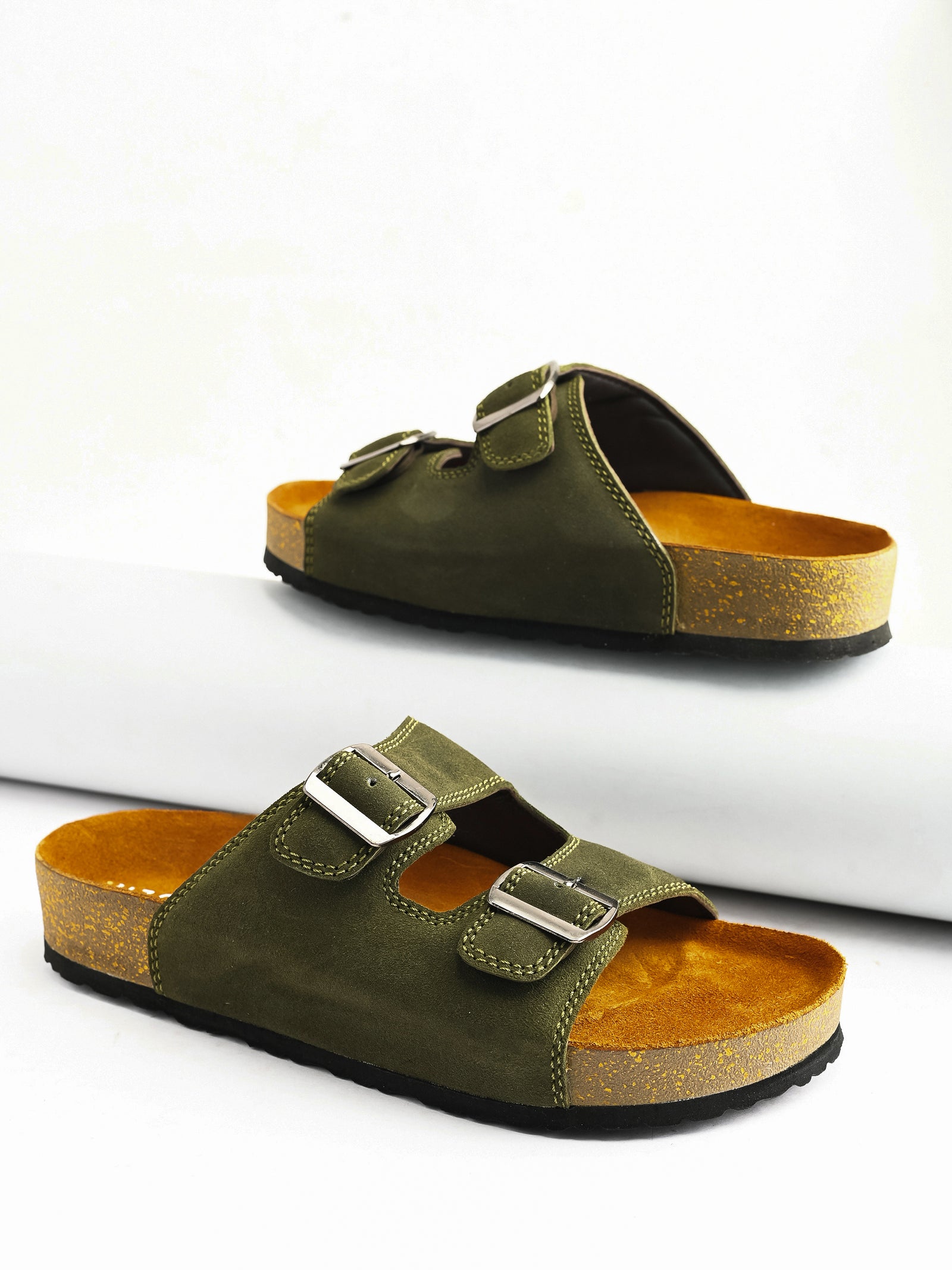 Bizora Suede Leather Sandals – Double Buckle Design with PU Sole