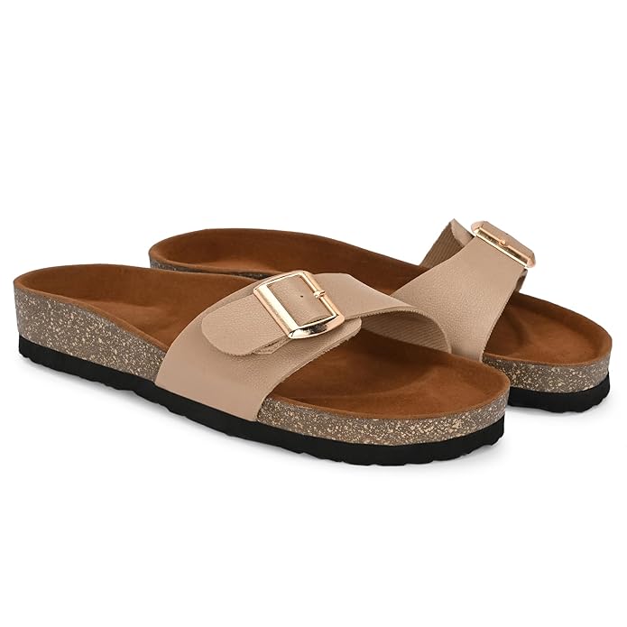 BIZORA Women’s Comfort Slip-On Sandal with Adjustable Buckle, Beige