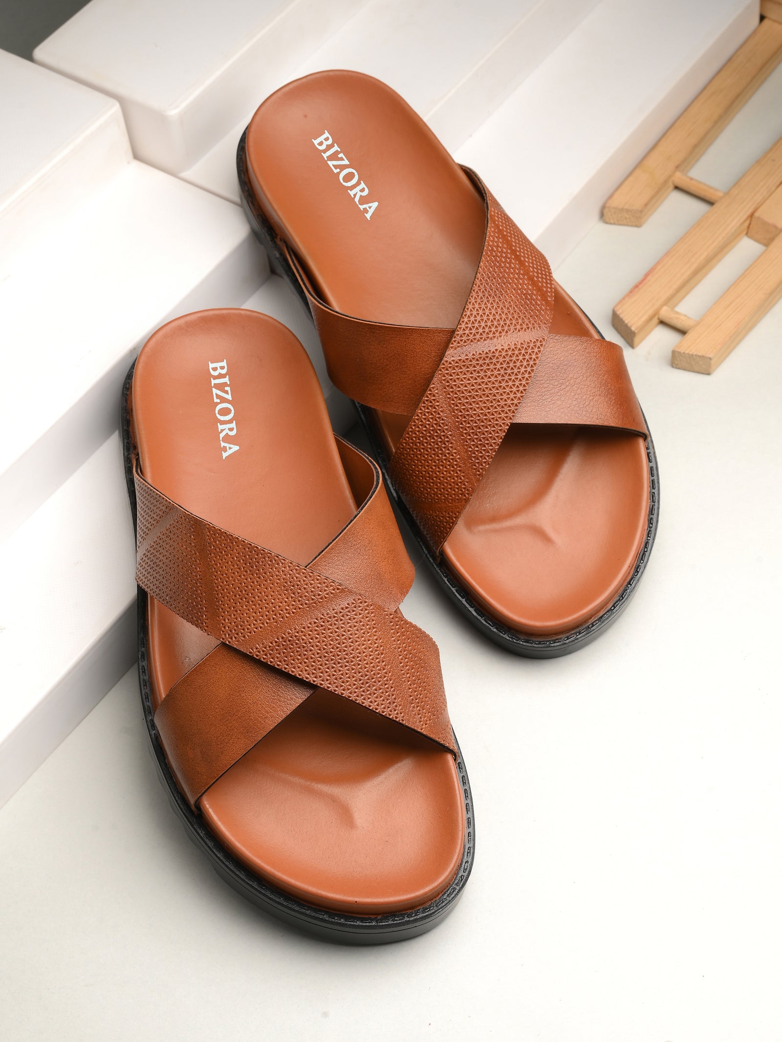 Men Tan Cross Slide Slipper-AR1