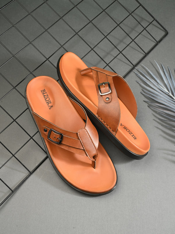 Men tan v-shape slipper with buckle look (L7)