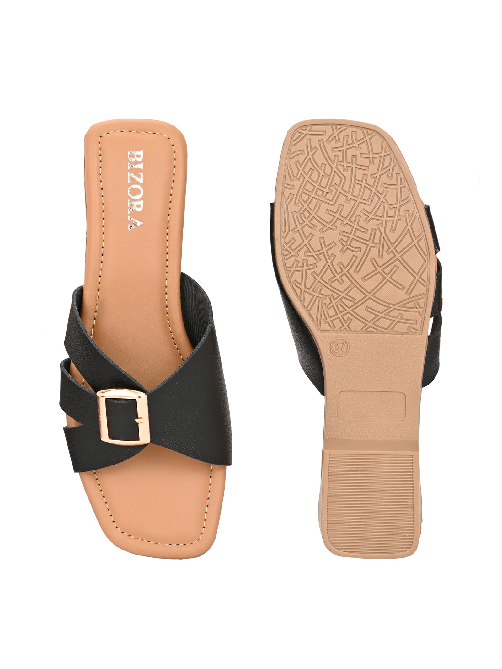 BIZORA Women's Flat Sandals with Gold Buckle Design | Casual Comfort Slip-On Sandals for Women