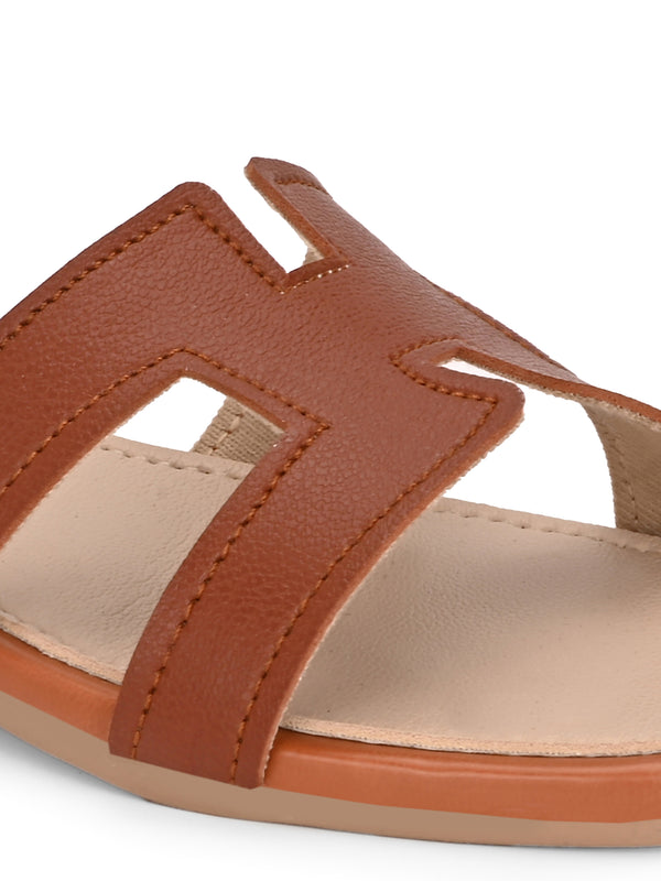 BIZORA Women's Tan Slip-On Sandals - Comfortable and Stylish Flat Footwear