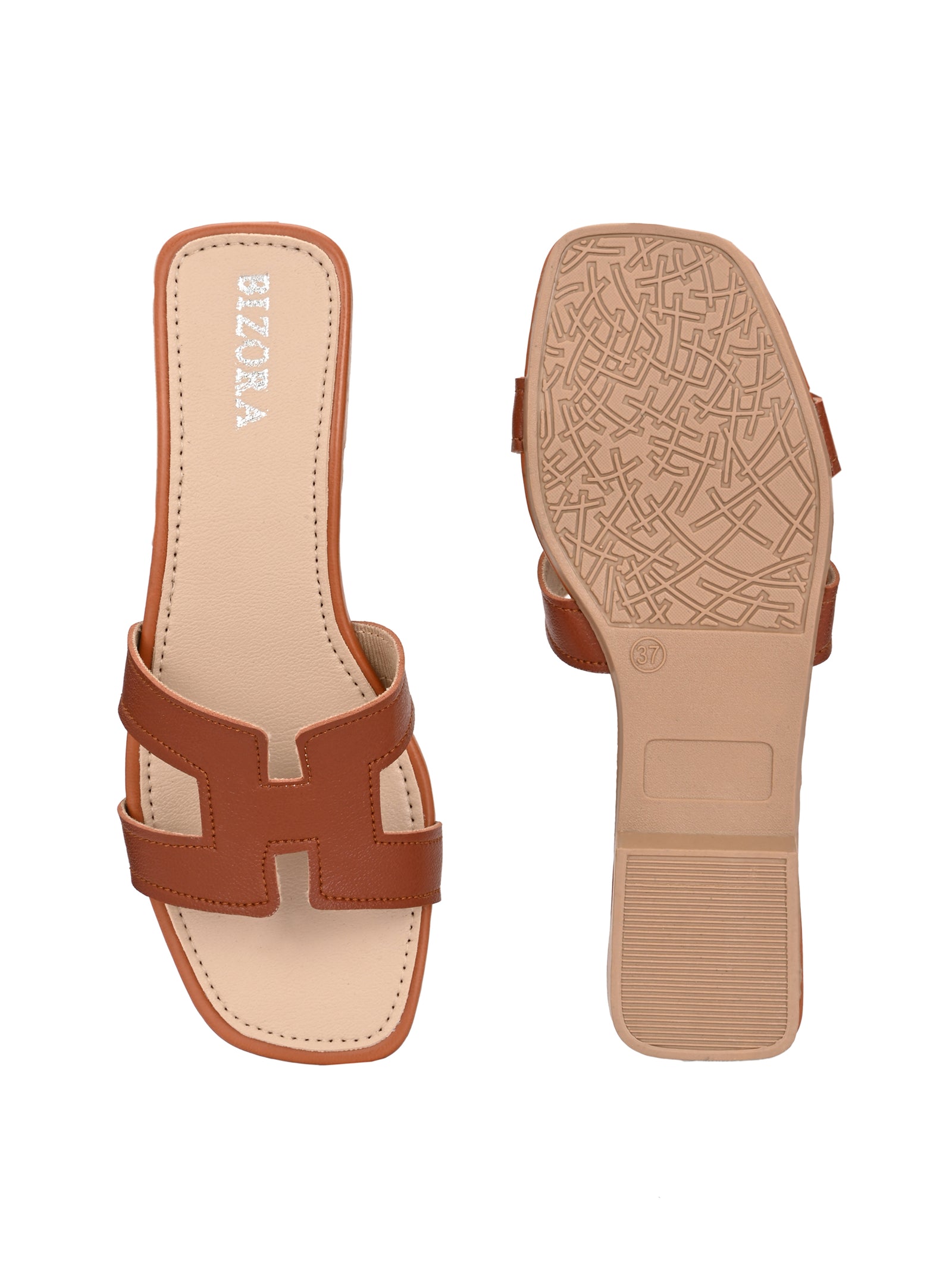 BIZORA Women's Tan Slip-On Sandals - Comfortable and Stylish Flat Footwear