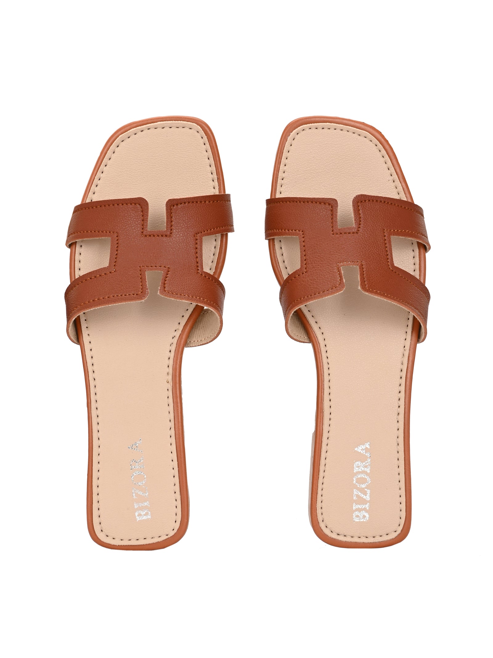 BIZORA Women's Tan Slip-On Sandals - Comfortable and Stylish Flat Footwear