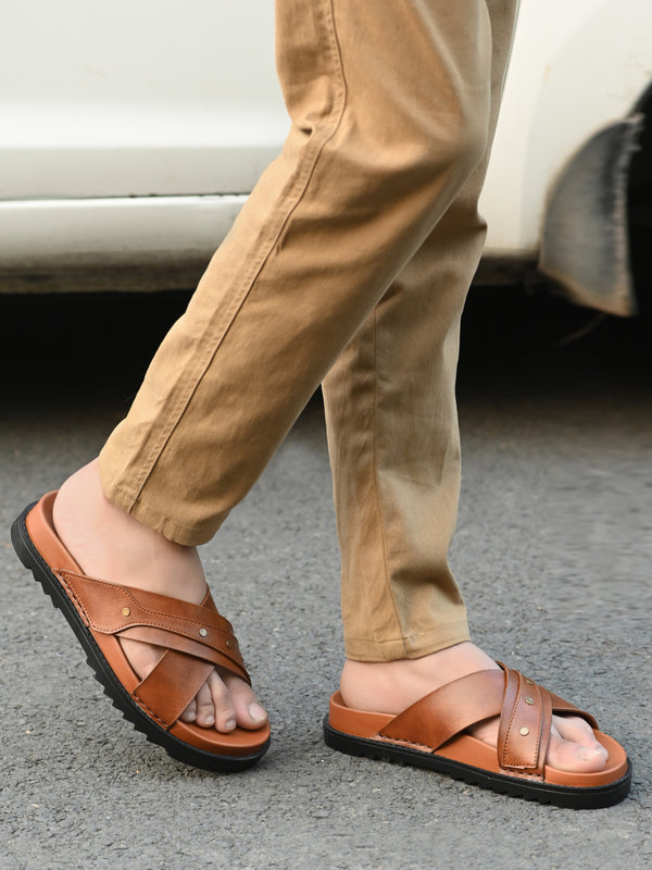 Men's tan cross slide slipper