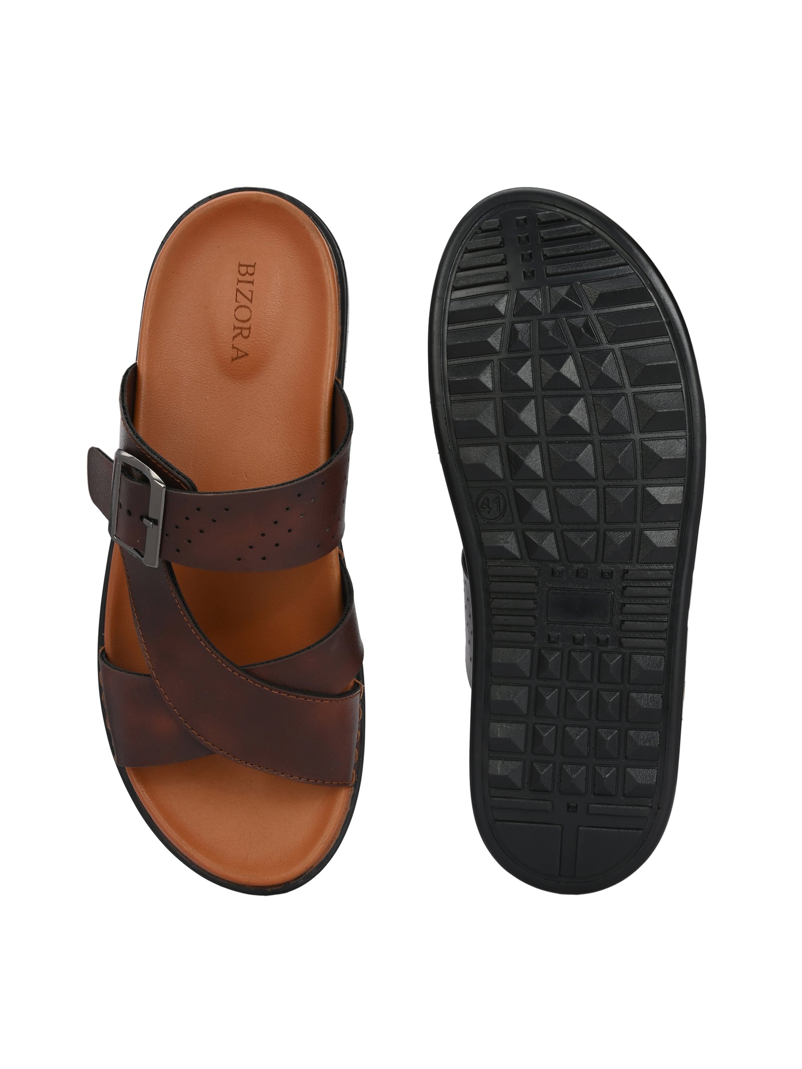 Men brown stitch designed adjustable slipper